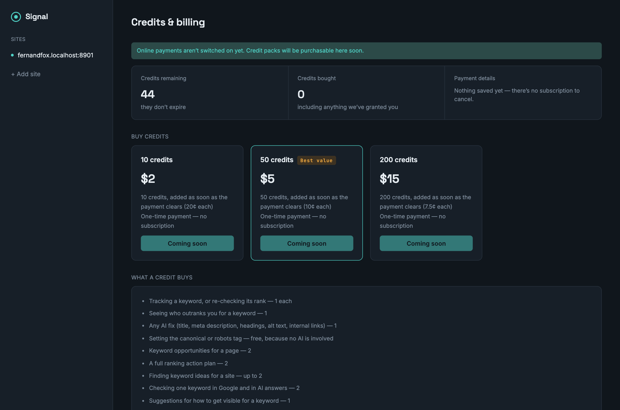 The billing page listing what each action costs in credits and what is free.
