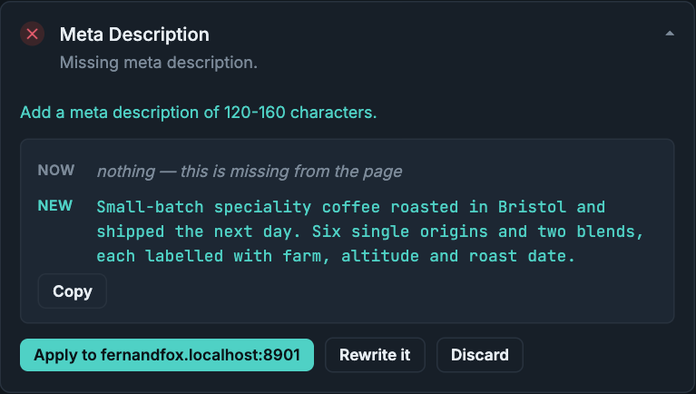 A meta description fix showing nothing on the page now and the new description that would replace it.