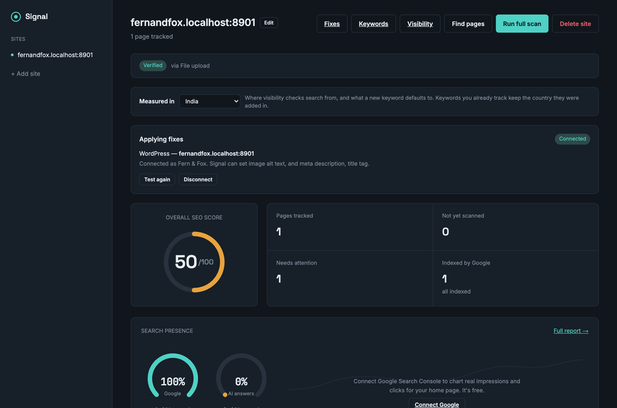 A site overview showing an SEO score of 50 out of 100, pages tracked, index status and search presence gauges.